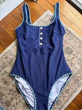 Women’s Small Navy One-Piece' Swimsuit with Mint Trim Button Detail